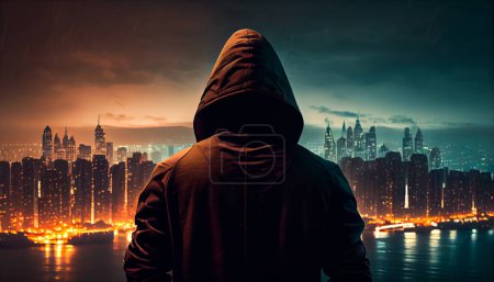 Photo for A hacker in a hooded jacket standing in front of a cityscape. Generative Ai technology - Royalty Free Image