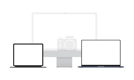 Illustration for Silver Computer Monitor, Dark Blue Laptop and Tablet With Keyboard Stand, Isolated on White Background. Vector Illustration - Royalty Free Image