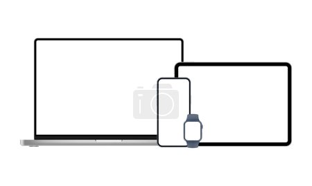 Illustration for Set of Modern Devices. Laptop, Horizontal Tablet, Smartphone and Smart Watch. Vector Illustration - Royalty Free Image
