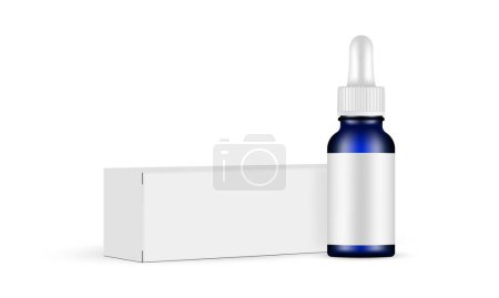 Illustration for Blue Dropper Bottle With Blank Label and  Horizontal Packaging Box Mockup, Isolated on White Background. Vector Illustration - Royalty Free Image