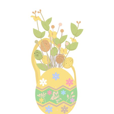 Illustration for Easter Bouquet With Eggs, Yellow Flowers and Green Leafs, Isolated on White Background. Vector Illustration - Royalty Free Image