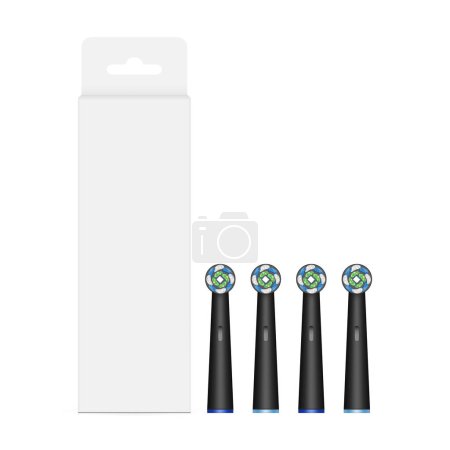 Illustration for Packaging Box With Hang Tab, Black Electric Toothbrush Replacement Brush Heads, Isolated on White Background. Vector Illustration - Royalty Free Image