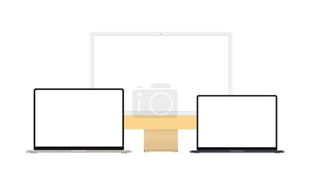 Illustration for Yellow Computer Monitor and Laptops with Blank Screens, Isolated on White Background. Vector Illustration - Royalty Free Image