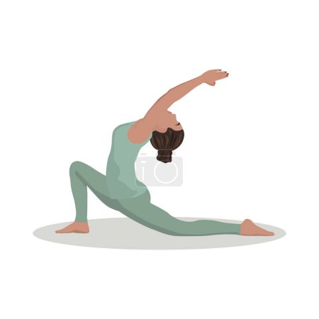 Ilustración de Mujer con uniforme deportivo verde hace ejercicio de yoga, aislado sobre fondo blanco. Ilustración de vectores planos - Imagen libre de derechos