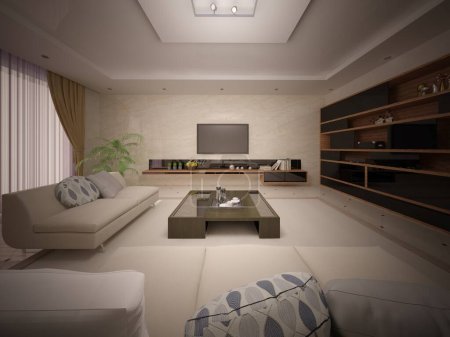 Foto de Moderno salón elegante con muebles cómodos perfectos y televisión grande, representación 3D. - Imagen libre de derechos