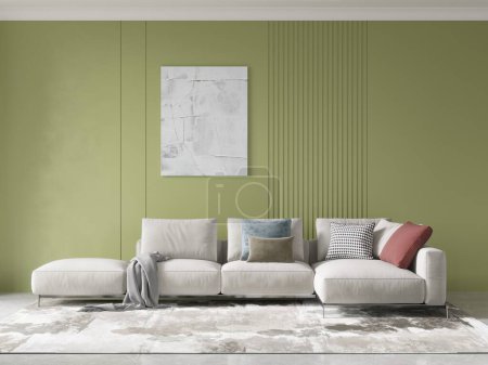Mock up of a comfortable living room with a stylish corner sofa and a trendy decorative background, 3D rendering.