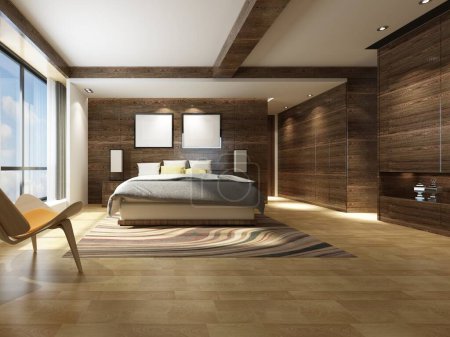Burla de un dormitorio moderno con una cama grande y cómoda y un fondo de moda creativa, 3d representación.