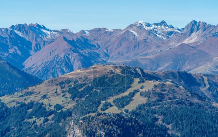 Photo for Snow covered summit of Lizumer Reckner in the background with the ridge of Penken in the front. Beautiful autumn day in Austrian Alps. Dramatic Alpine mountains scenery under blue sky. Ski resorts - Royalty Free Image