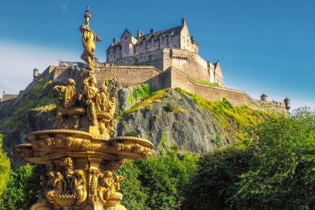 Photo for Low angle shot of Edinburgh Castle in beautiful golden hour light on a sunny day of summer. Summer in the capital of Scotland - Royalty Free Image