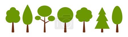 Illustration for Flat vector tree set isolated objects colorful illustration in cartoon style. Nature clip art collection. Outdoor landscape forest or park design elements. Simple plant shapes. Tree icon collection. - Royalty Free Image