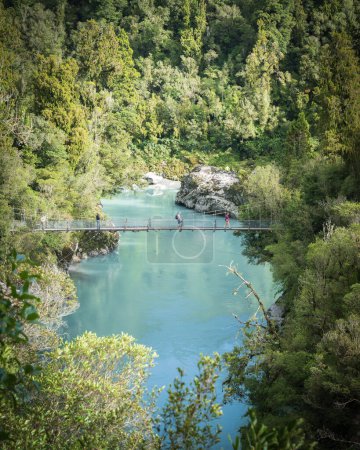 People crossing swing bridge above gorge with azure waters surrounded by dense forest, New Zealand.