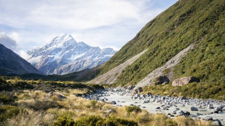 Scenic alpine valley with glacial river flowing through and prominent peak in backdrop, New Zealand.