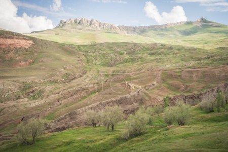 Paysage avec falaises, rochers et herbe verte dans le parc national de Noah Ark dans l'est de la Turquie.