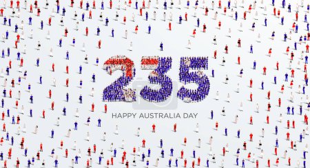 Téléchargez les illustrations : Happy Australia Day Design. Un grand groupe de personnes se forment pour créer le numéro 235 alors que l'Australie célèbre sa 235e Journée de l'Australie le 26 Janvier. - en licence libre de droit