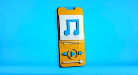 Téléchargez les photos : Yellow smart phone with music note icon isolated on blue background. minimalism concept. 3d illustration. - en image libre de droit