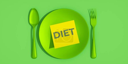 Foto de 3 d renderizado concepto de dieta con cinta verde y tenedor sobre fondo verde - Imagen libre de derechos