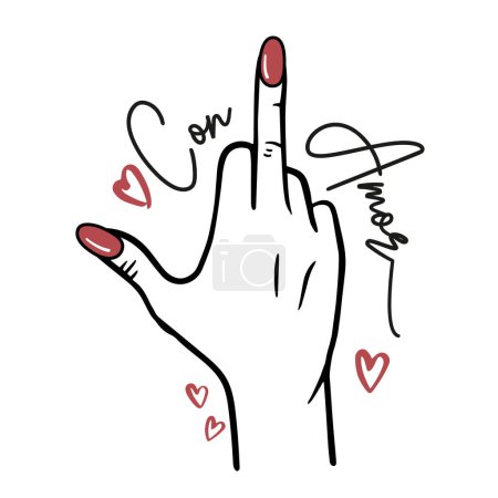 Illustration for I love you in the spanish, "con amor" which means "with love" lettering in Spanish, fuck it, hand drawing with the middle finger raised, icon, vector, ironic, graphic composition - Royalty Free Image