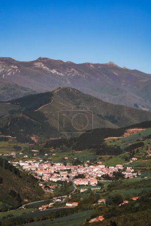 Aerial view of beautiful mountain village. Potes, Cantabria, Spain. High quality photo