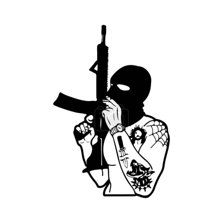 Téléchargez les illustrations : Illustration vectorielle de jeune garçon en masque tenant pistolet - en licence libre de droit
