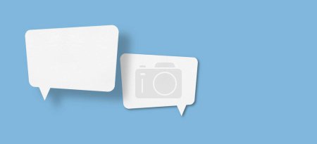 Photo for White paper with speech bubbles isolated on blue background communication bubbles design. - Royalty Free Image
