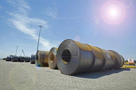 Photo for Roll steel in harbor , Cold rolled steel coils - Royalty Free Image