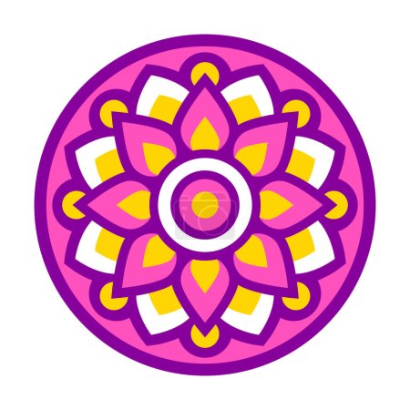 Simple geometric floral mandala in bright colors, circular ornament. Vector logo design, isolated clip art illustration.
