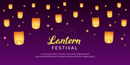 Illustration for Floating sky lanterns at night. Chinese or Thai lantern festival banner design. Vector design illustration. - Royalty Free Image