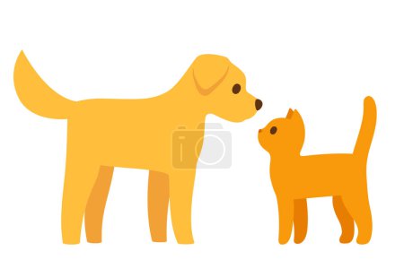 Téléchargez les illustrations : Cartoon chat et chien face à l'autre, simple dessin animé icône plate. Labrador doré et chaton roux. Illustration de clip vectoriel mignon. - en licence libre de droit