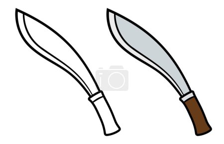 Illustration for Kukri knife, traditional Nepali machete. Black and white line art and color drawing. Vector clip art illustration. - Royalty Free Image