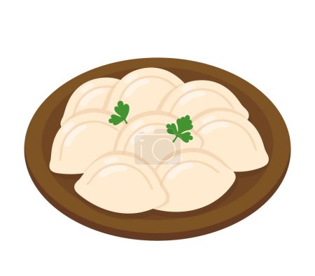 Illustration for Pierogi or varenyky, traditional Eastern European dumplings on a plate. Cartoon vector illustration. - Royalty Free Image
