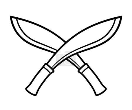 Illustration for Two crossed Kukri knives. Traditional Nepali machete weapon. Black and white line art logo, vector clip art illustration. - Royalty Free Image
