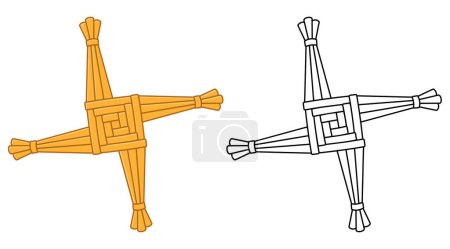 Saint Brigid's cross, Imbolc celebration tradition in Ireland. Handmade straw knot decoration. Vector illustration. Color and black and white outline drawing.