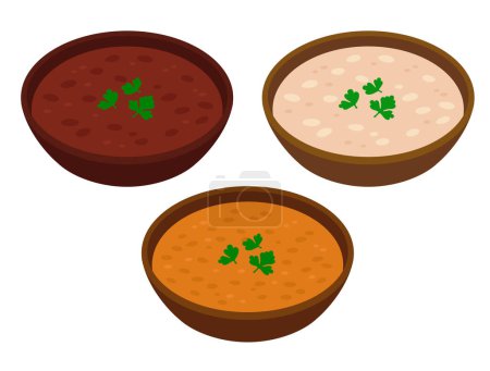 Téléchargez les illustrations : Red bean, white bean and lentil soup bowl set. Vegetarian legume stew drawing. Cartoon vector clip art illustration. - en licence libre de droit