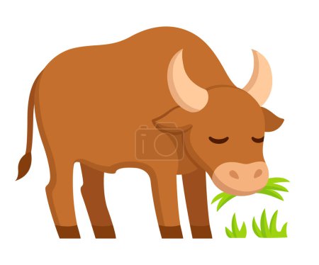 Cute cartoon drawing of brown ox or bull grazing. Vector clip art illustration.
