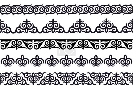 Illustration for Traditional Kazakh, Kyrgyz, Uzbek pattern set. Seamless bands or borders, black and white ornaments. Vector design element. - Royalty Free Image