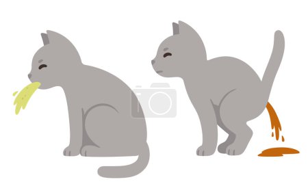 Illustration for Sick cat vomiting and having diarrhea, symptoms of food poisoning and intoxication in cats. Veterinary health illustration, cartoon drawing. - Royalty Free Image