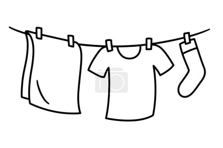 Ropa colgando para secar en la línea de lavado, dibujo de dibujos animados simples. Icono de garabato de ropa blanca y negra. Ilustración vectorial dibujada a mano.