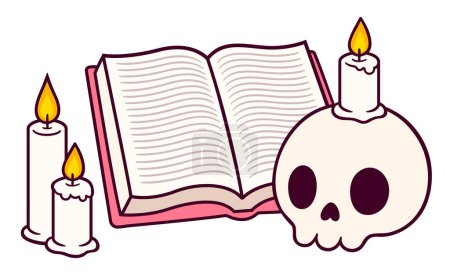 Cartoon book, candles and human skull. Simple hand drawn doodle, vector clip art illustration.