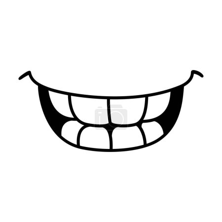 Boca sonriente mostrando dientes, dibujo simple de garabatos. Icono de dibujos animados en blanco y negro simple. Ilustración vectorial dibujada a mano.