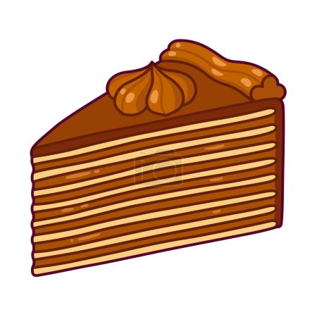 Rebanada de la tradicional torta chilena Torta Mil Hojas. Pastelería Mille-feuille con muchas capas finas y relleno de dulce de leche (manjar). Dibujos animados, ilustración vectorial.