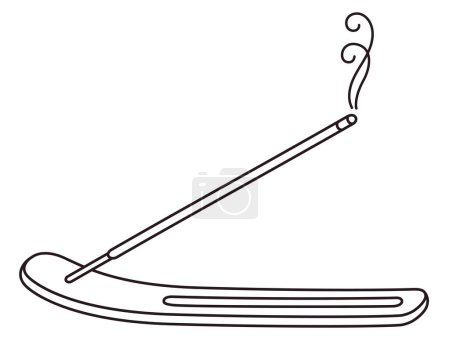 Burning joss stick in wooden incense holder. Aromatherapy and meditation doodle. Simple black and white line art vector illustration.