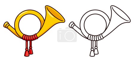 Post horn icon, color drawing and black and white line art. Traditional postal or hunting horn cartoon design. Vector clip art illustration.