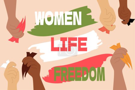 Illustration for Women life freedom. Hands holding multicolored tuft of cut hair. Conceptual banner of international allyship in defense of iranian women. Brush strokes in colors of iranian flag. Iran protest. Vector. - Royalty Free Image