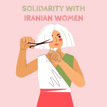 Illustration for Woman dressed iranian flag colors, holds scissors and tuft of hair. International hair cutting challenge in solidarity with women of Iran. Protest against violence and discrimination. Vector. - Royalty Free Image