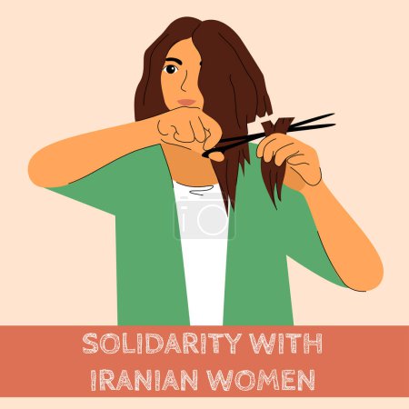 Mädchen schneiden Haare aus Solidarität mit iranischen Frauen, die für Freiheit protestieren. Frauen verbünden sich gegen Diskriminierung durch Gewalt im Iran. Internationale Unterstützung für Menschenrechte auf der ganzen Welt. Vektorillustration.