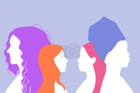 Illustration for Abstract girls profile silhouettes different hairdos and headwear. Women allyship banner template. Womens history month. International womens day. 8 march poster. Vector illustration. - Royalty Free Image