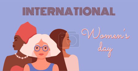 Illustration for Womens history month international womens day poster. Three diverse multiracial women as symbol of multiethnic feminist allyship. Sisterhood and mutual support. Vector illustration. - Royalty Free Image