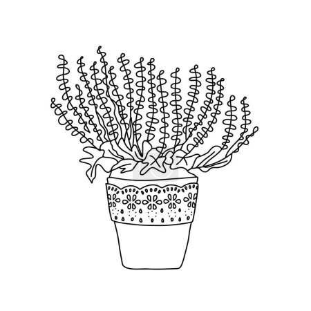 Illustration for Blooming heather in ceramic pot. Floral doodle icon. Home erica hand drawn simple minimal line vector illustration. Cute design element for sticker home decor. - Royalty Free Image