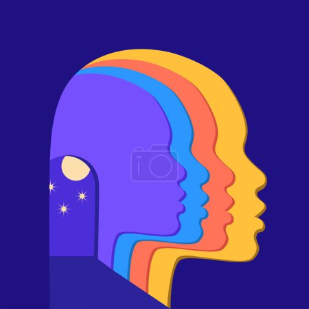 Illustration for Liminal spaces from human head silhouettes. Rainbow faces on way to the depths of starry sky. Concept of mental health, selfcare, self development. The path to the secrets of psyche and consciousness. - Royalty Free Image