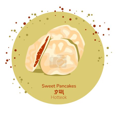 Illustration for Traditional korean street food sweet pancakes poster. Korean hotteok with red beans paste filling. Translation from korean sweet pancakes. Asian food snack. Vector illustration. - Royalty Free Image
